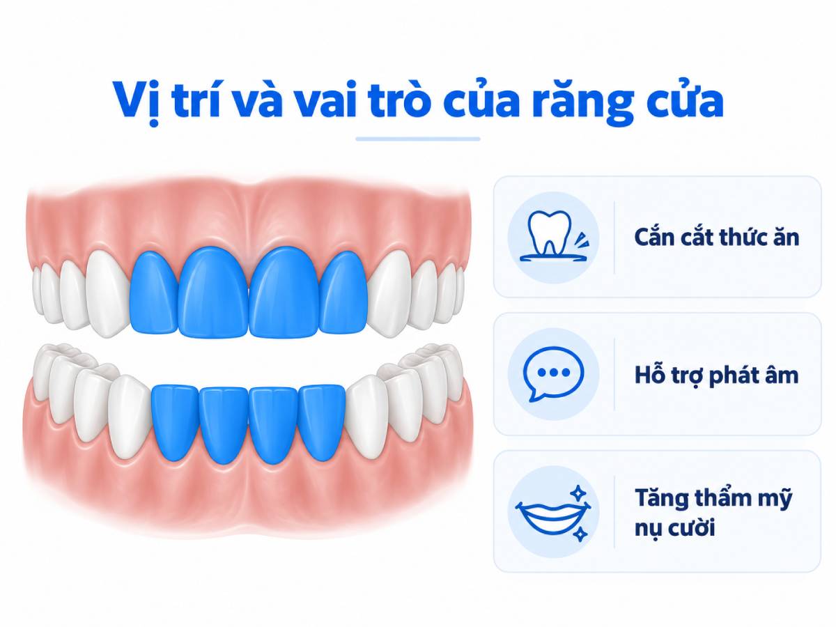 Răng cửa nằm ở phía trước cung hàm, có vai trò cắn cắt thức ăn, hỗ trợ phát âm và góp phần tạo thẩm mỹ nụ cười.